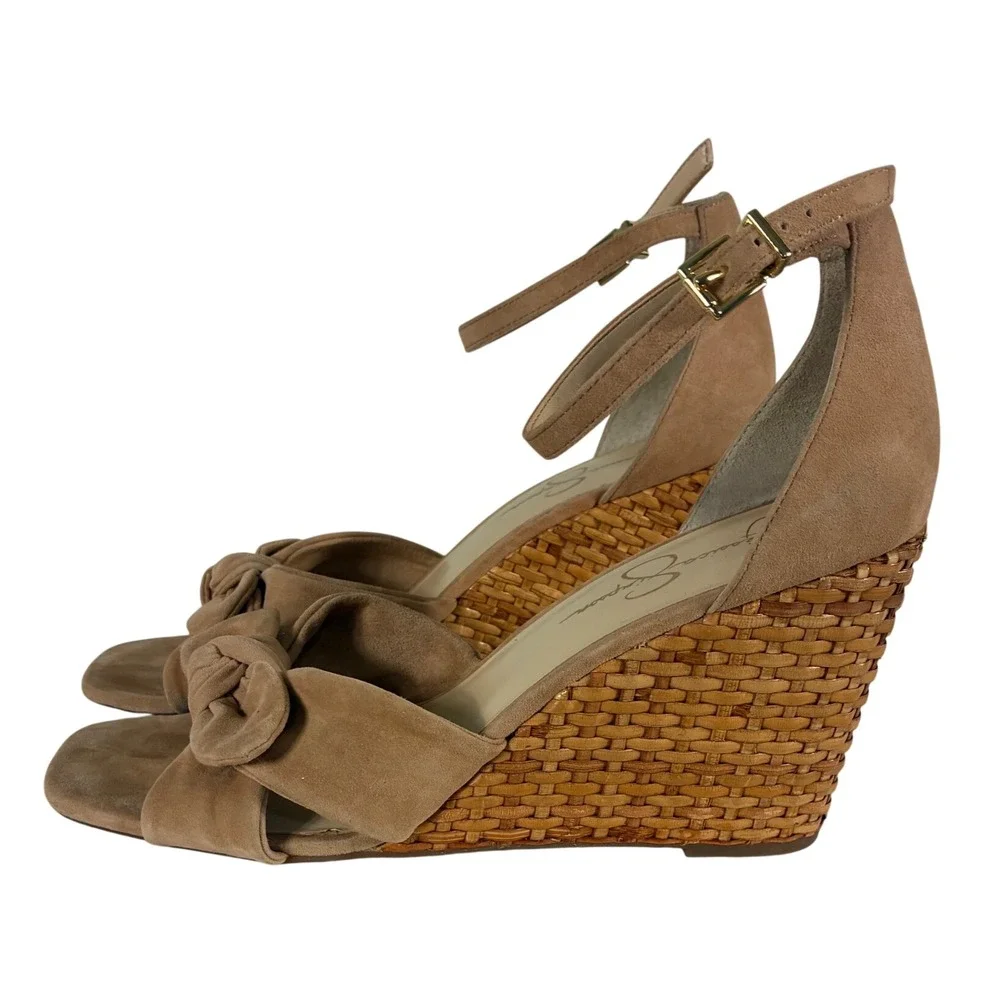 Jessica Simpson Delirah Tan Suede Woven Wicker Wedge Sandal Bow Ankle Strap 10M